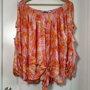 Willow Drive Watercolor Abstract Off Shoulder Tie‎ Front Blouse Tropical Style